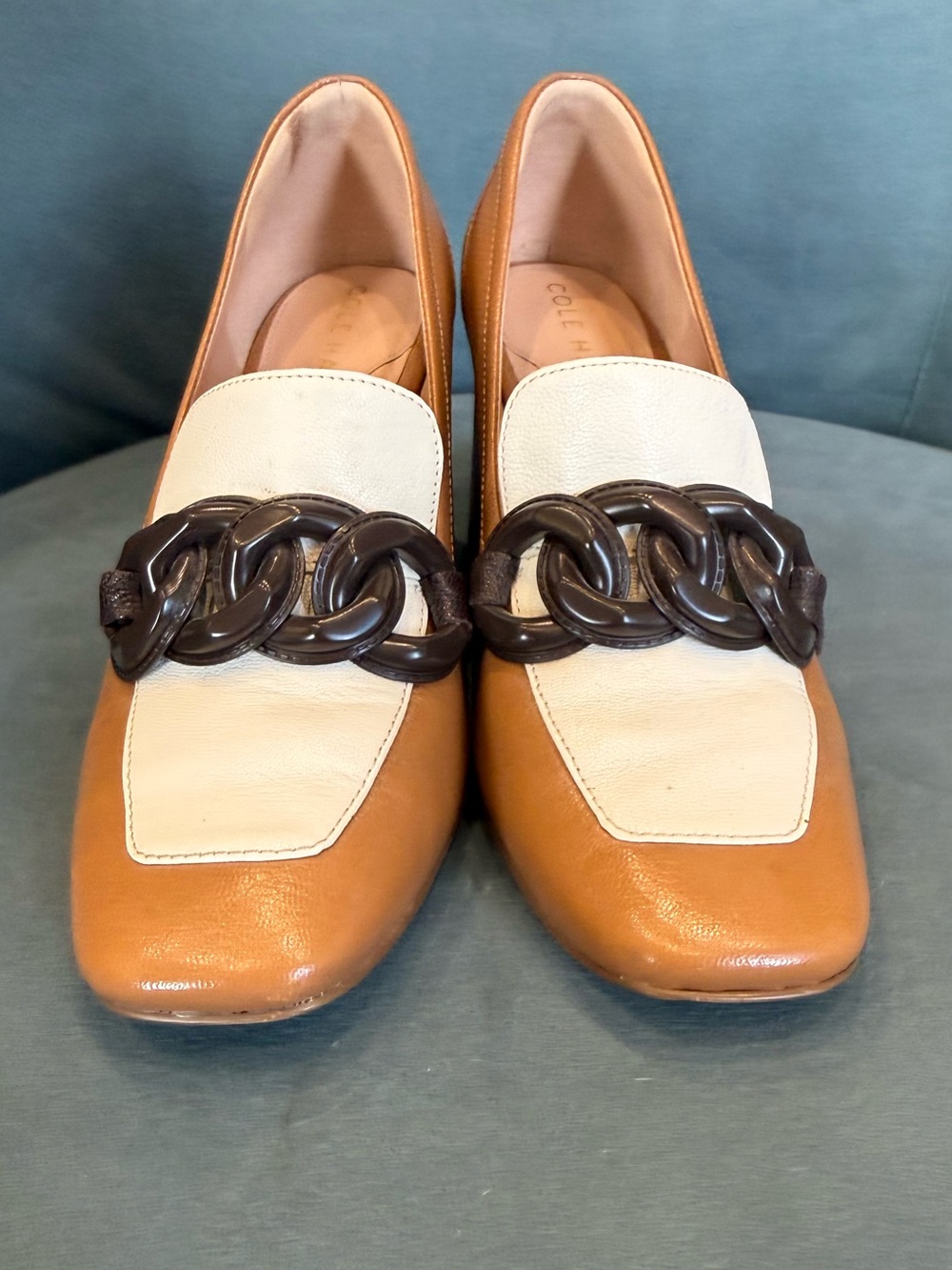 Cole Haan Tan and Cream Chrystie Heeled Loafers size 6.5.